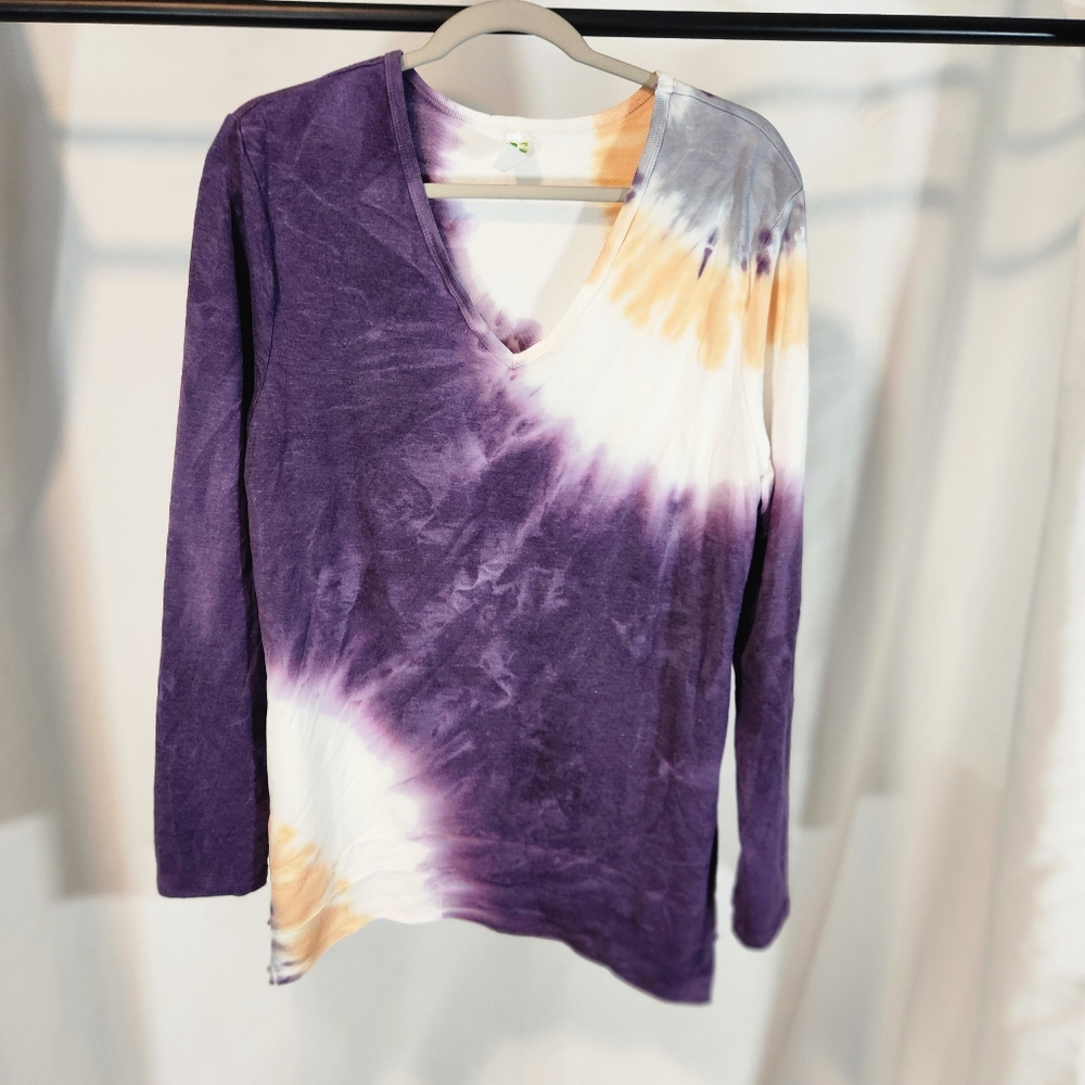 GREEN TEA Womens XL PURPLE ORANGE BLUE TYE DYE Tunic Shirt Long Sleeve Stretch